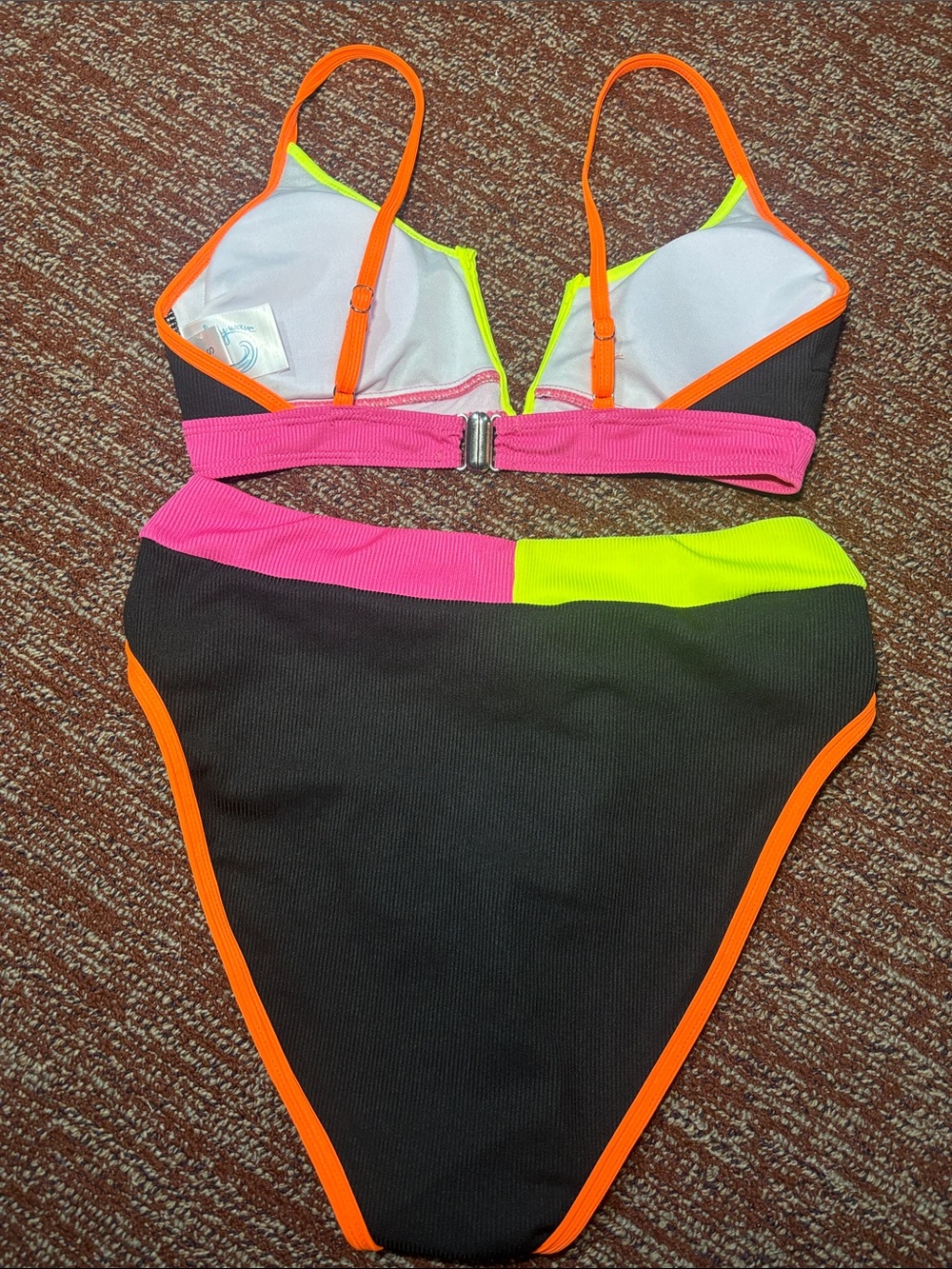 Neon trim v neck bikini black ribbed high waisted y2k style swimsuit women’s S - Picture 2 of 14